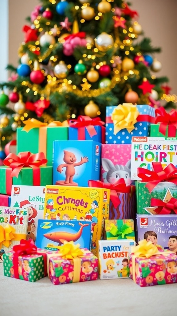 Top Christmas Gift Ideas for Kids A collection of vibrant Christmas gifts for children, including toys and books, under a beautifully decorated Christmas tree.